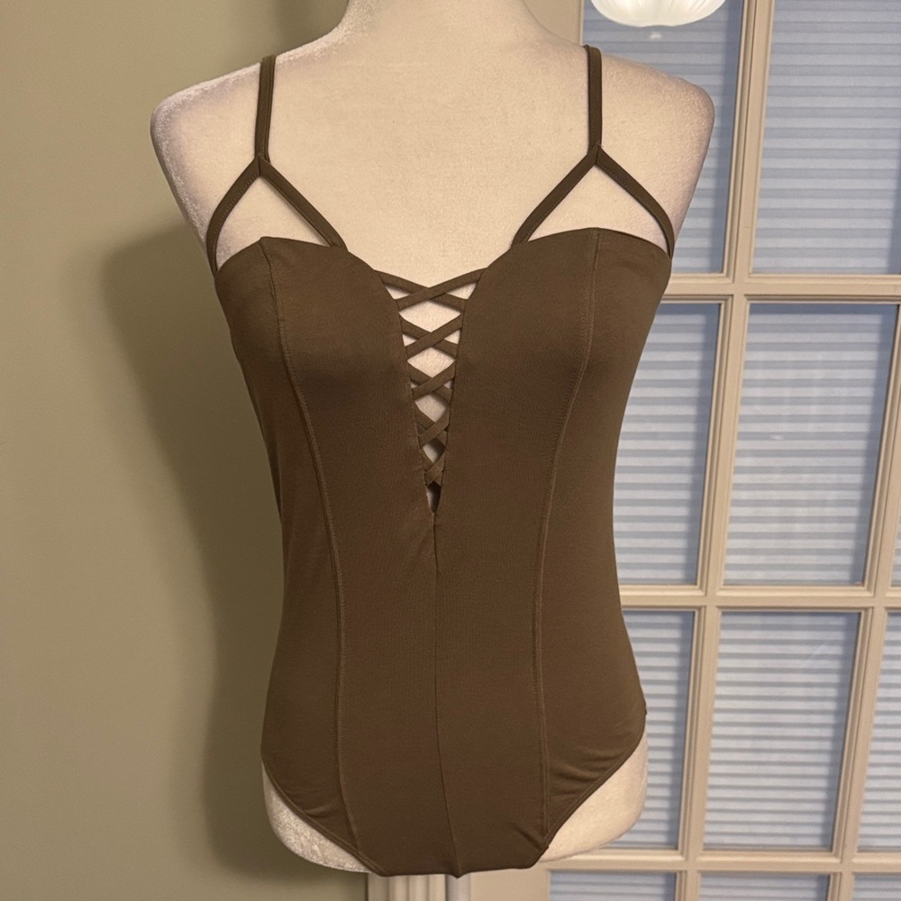 EXPRESS Taupe Brown Strappy Bodysuit